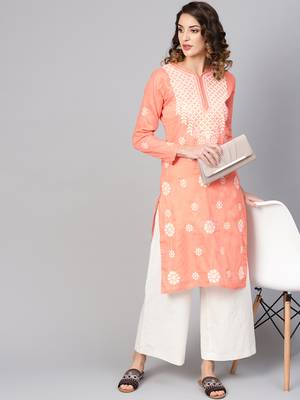 Peach hand woven cotton chikankari-kurtis 4