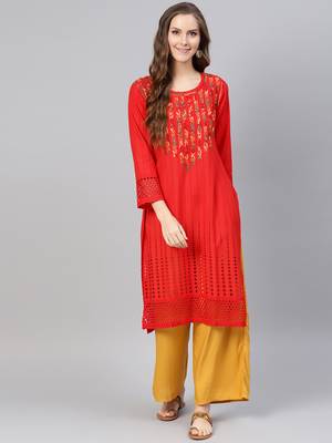 Red hand woven cotton chikankari-kurtis 1