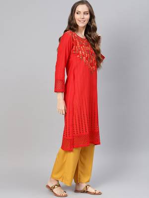 Red hand woven cotton chikankari-kurtis 3