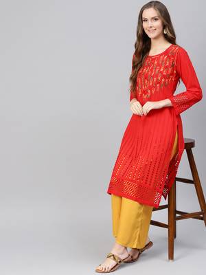 Red hand woven cotton chikankari-kurtis 4