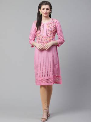 Pink hand woven cotton chikankari-kurtis 1