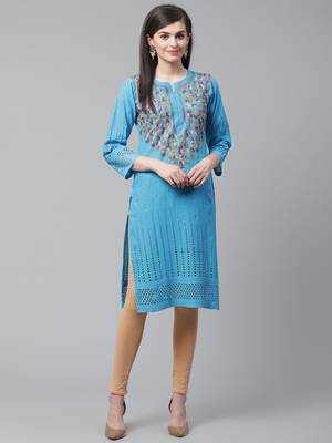 Blue hand woven cotton chikankari-kurtis 1