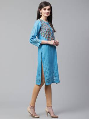 Blue hand woven cotton chikankari-kurtis 3