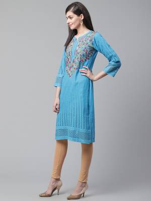 Blue hand woven cotton chikankari-kurtis 4