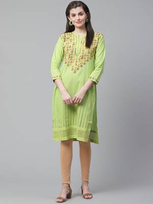 Light-green hand woven cotton chikankari-kurtis 1
