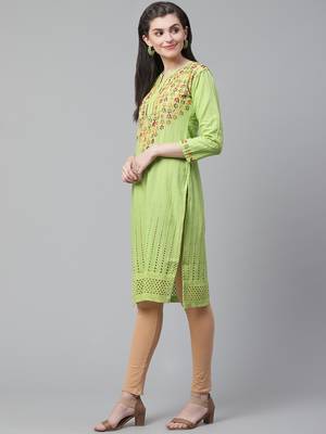 Light-green hand woven cotton chikankari-kurtis 3