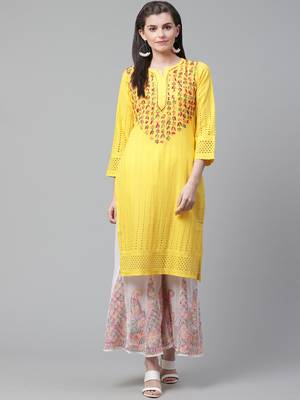 Yellow hand woven cotton chikankari-kurtis 1