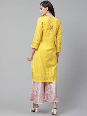 Yellow hand woven cotton chikankari-kurtis 2