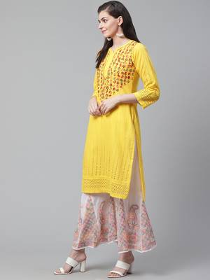 Yellow hand woven cotton chikankari-kurtis 3