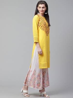 Yellow hand woven cotton chikankari-kurtis 4