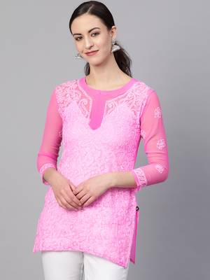 Pink hand woven georgette chikankari-kurtis 1