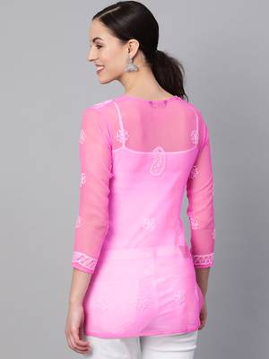 Pink hand woven georgette chikankari-kurtis 2