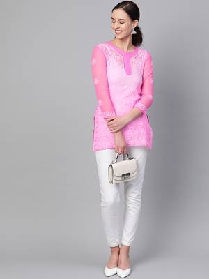 Pink hand woven georgette chikankari-kurtis 3
