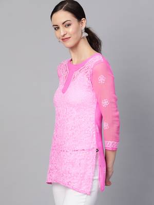 Pink hand woven georgette chikankari-kurtis 4