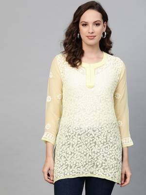 Yellow hand woven georgette chikankari-kurtis 1