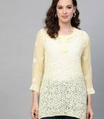 Yellow hand woven georgette chikankari-kurtis