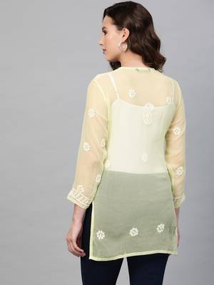 Yellow hand woven georgette chikankari-kurtis 2