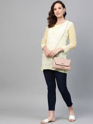Yellow hand woven georgette chikankari-kurtis 3