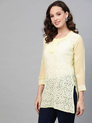 Yellow hand woven georgette chikankari-kurtis 4