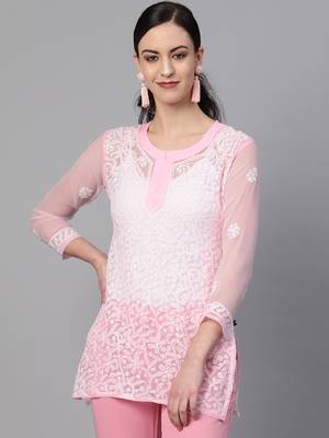 Light-pink hand woven georgette chikankari-kurtis 1