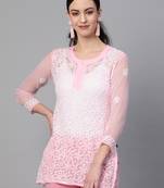 Light-pink hand woven georgette chikankari-kurtis