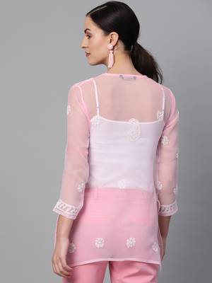 Light-pink hand woven georgette chikankari-kurtis 2