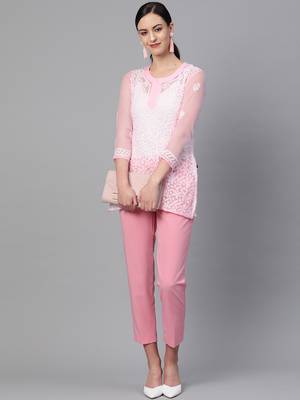 Light-pink hand woven georgette chikankari-kurtis 3