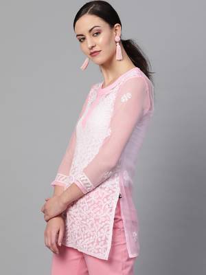 Light-pink hand woven georgette chikankari-kurtis 4