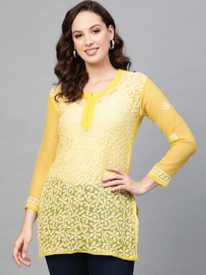 Mustard hand woven georgette chikankari-kurtis 1