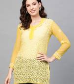 Mustard hand woven georgette chikankari-kurtis