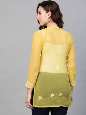 Mustard hand woven georgette chikankari-kurtis 2