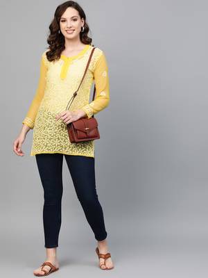 Mustard hand woven georgette chikankari-kurtis 3