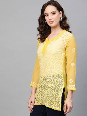 Mustard hand woven georgette chikankari-kurtis 4