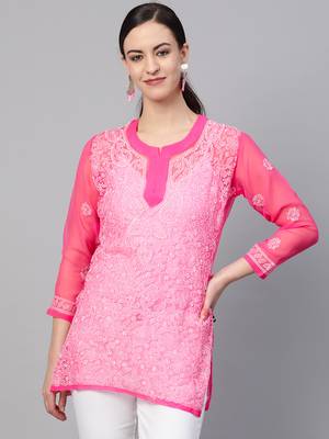 Dark-onion-pink hand woven georgette chikankari-kurtis 1