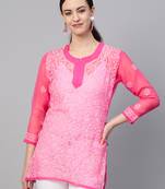 Dark-onion-pink hand woven georgette chikankari-kurtis
