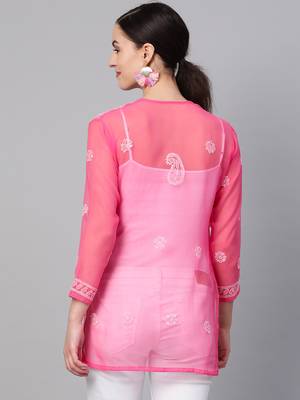 Dark-onion-pink hand woven georgette chikankari-kurtis 2