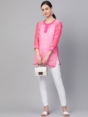 Dark-onion-pink hand woven georgette chikankari-kurtis 3