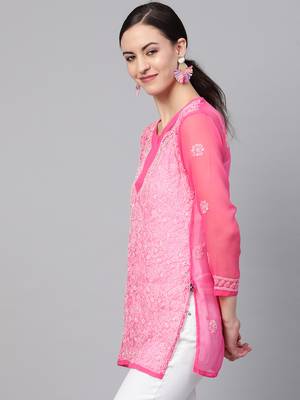 Dark-onion-pink hand woven georgette chikankari-kurtis 4