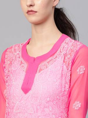 Dark-onion-pink hand woven georgette chikankari-kurtis 5