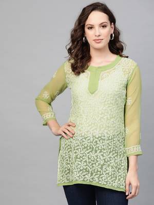 Green hand woven georgette chikankari-kurtis 1