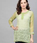Green hand woven georgette chikankari-kurtis