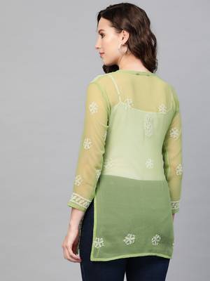 Green hand woven georgette chikankari-kurtis 2