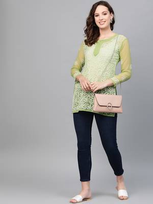 Green hand woven georgette chikankari-kurtis 3