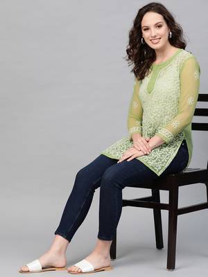 Green hand woven georgette chikankari-kurtis 4