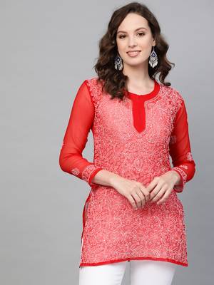 Red hand woven georgette chikankari-kurtis 1