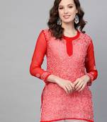 Red hand woven georgette chikankari-kurtis