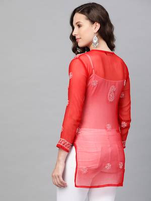 Red hand woven georgette chikankari-kurtis 2