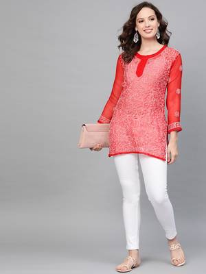 Red hand woven georgette chikankari-kurtis 3