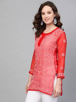 Red hand woven georgette chikankari-kurtis 4