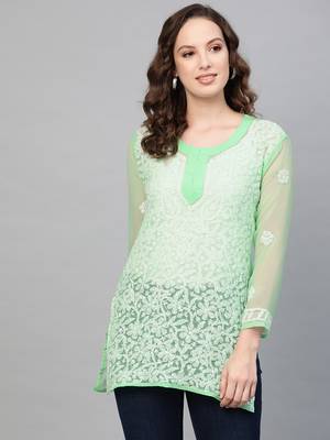 Sea-green hand woven georgette chikankari-kurtis 1